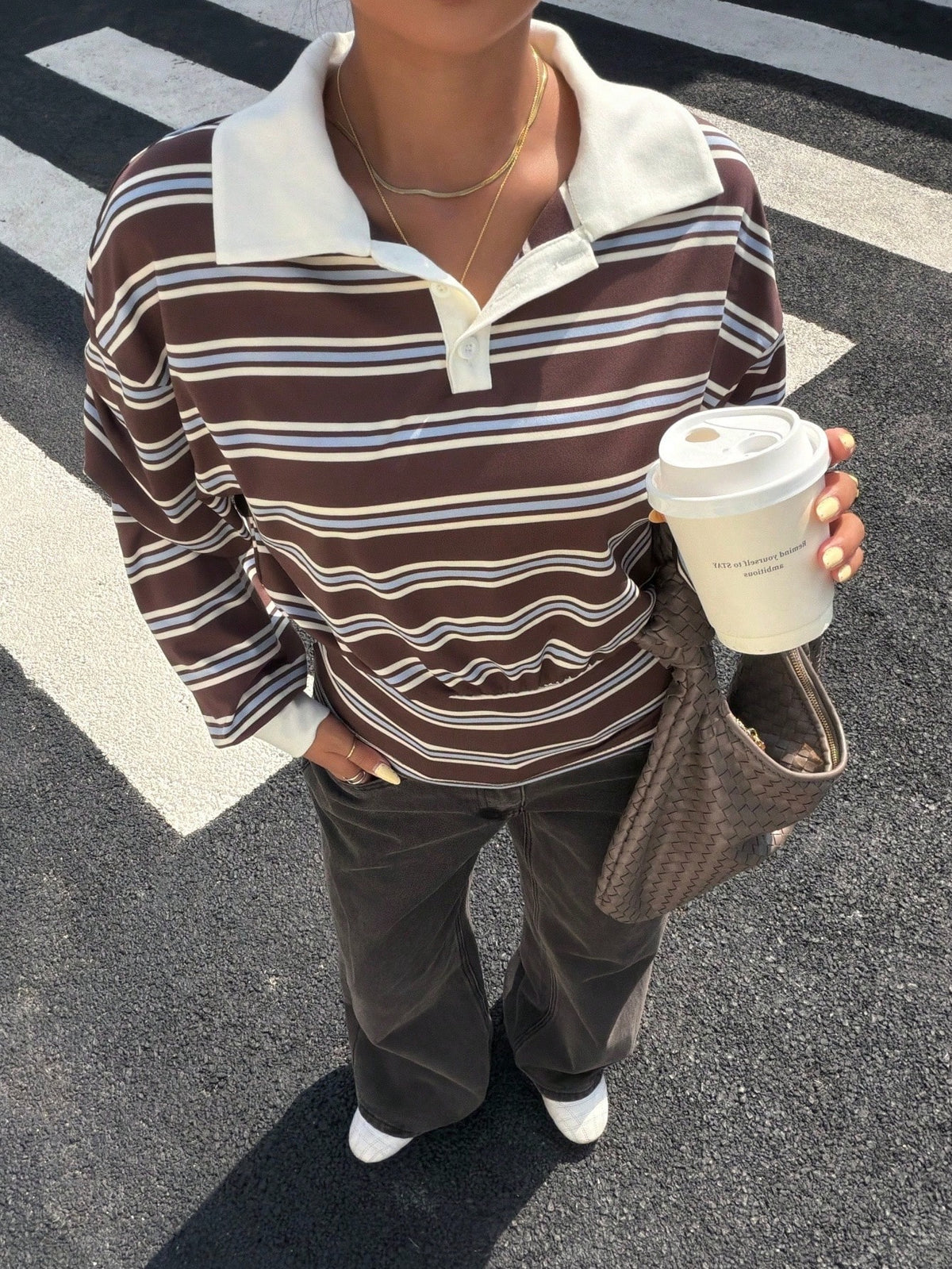 Muchica Coffee Blue Beige Stripe Polo Collar Long Sleeve T-Shirt Casual Winter Vacation Sports Basic Top Y2K Streetwear Going Out & Lounge Outfit For Women