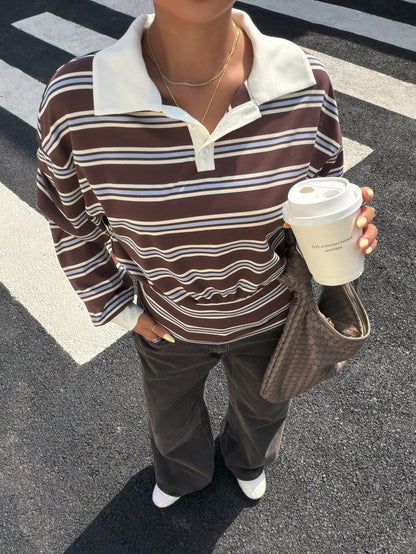 Muchica Coffee Blue Beige Stripe Polo Collar Long Sleeve T-Shirt Casual Winter Vacation Sports Basic Top Y2K Streetwear Going Out & Lounge Outfit For Women