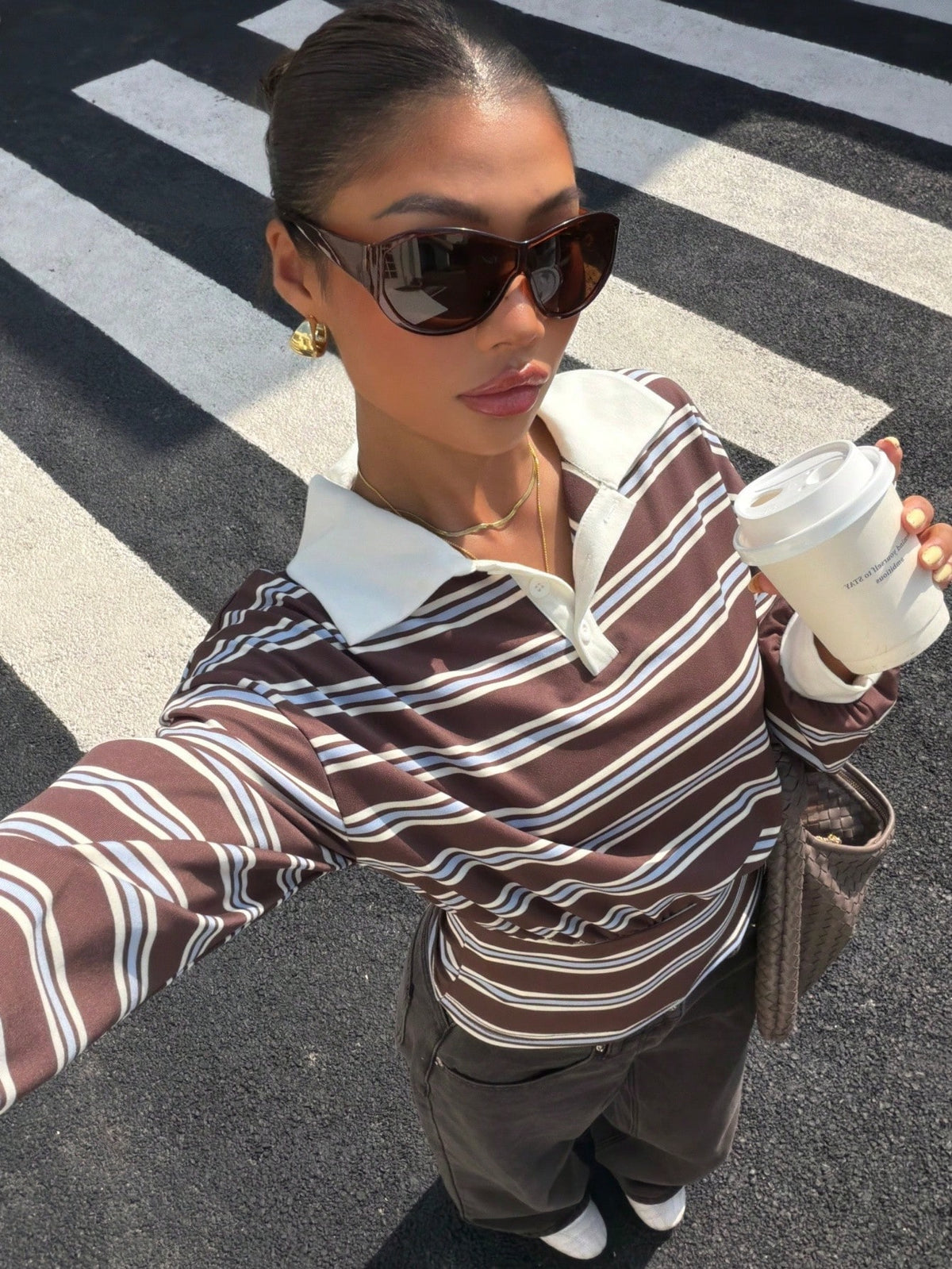 Muchica Coffee Blue Beige Stripe Polo Collar Long Sleeve T-Shirt Casual Winter Vacation Sports Basic Top Y2K Streetwear Going Out & Lounge Outfit For Women
