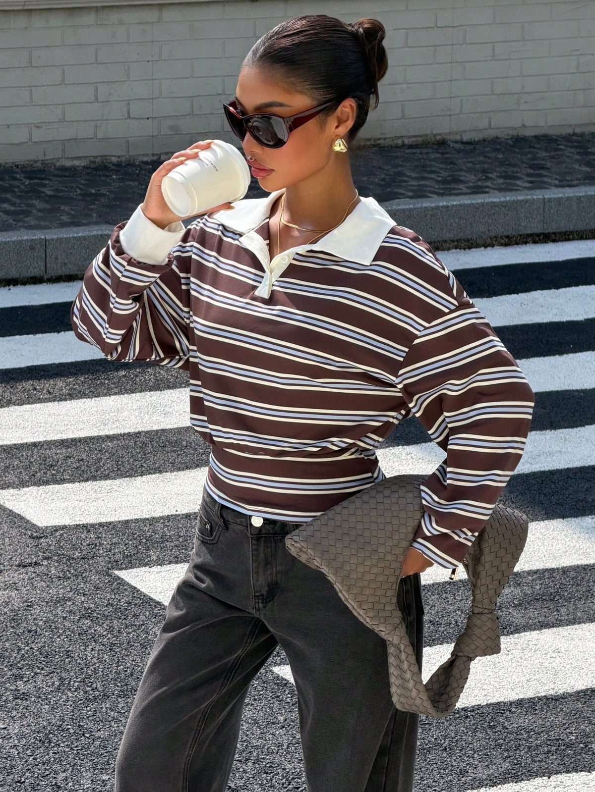 Muchica Coffee Blue Beige Stripe Polo Collar Long Sleeve T-Shirt Casual Winter Vacation Sports Basic Top Y2K Streetwear Going Out & Lounge Outfit For Women
