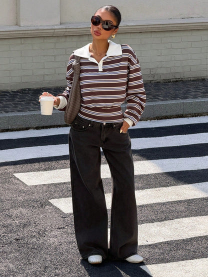 Muchica Coffee Blue Beige Stripe Polo Collar Long Sleeve T-Shirt Casual Winter Vacation Sports Basic Top Y2K Streetwear Going Out & Lounge Outfit For Women