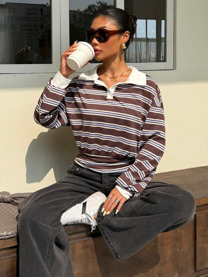 Muchica Coffee Blue Beige Stripe Polo Collar Long Sleeve T-Shirt Casual Winter Vacation Sports Basic Top Y2K Streetwear Going Out & Lounge Outfit For Women