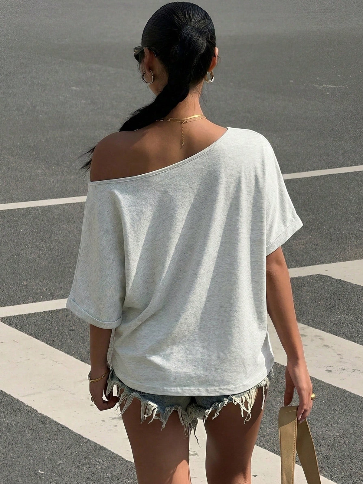 Muchica Light Grey Knit Loose Fit Short Sleeve T-Shirt For Women,Summer Casual Occasion Oversized Off Shoulder Wide Neck Comfy Tops,Woman Outfits Grey Top