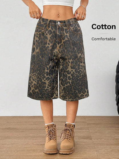 Muchica Women's Leopard Print Woven Pocket Casual Versatile Fashion Shorts