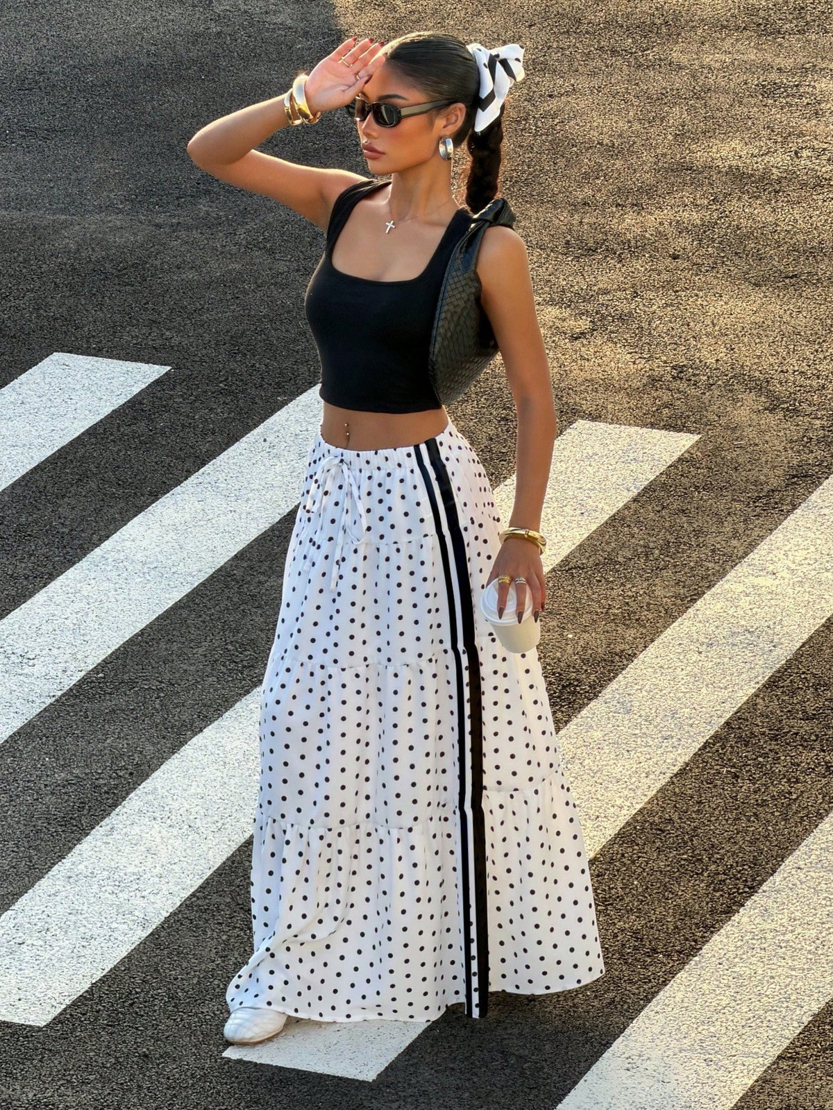 Muchica Women's Polka Dot Colorblock Pleated Casual Versatile Daily Outing Skirt Suitable For Summer