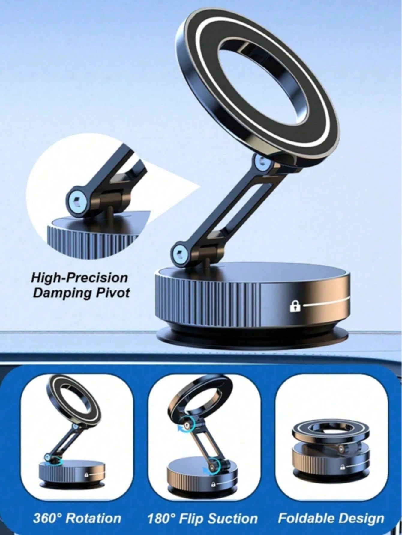 Multifunctional 360° 3-Axis Foldable MagSafe Car Phone Mount- Vacuum Magnetic Base, Supports Navigation, Compatible With All MagSafe Devices, Zinc Alloy Material, Multi-Angle Adjustment, Compact Fold
