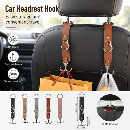 Multifunctional PU Leather Car Headrest Hook, Heavy Duty Back Seat Storage Hook, Universal In-Stock Car Interior Accessory