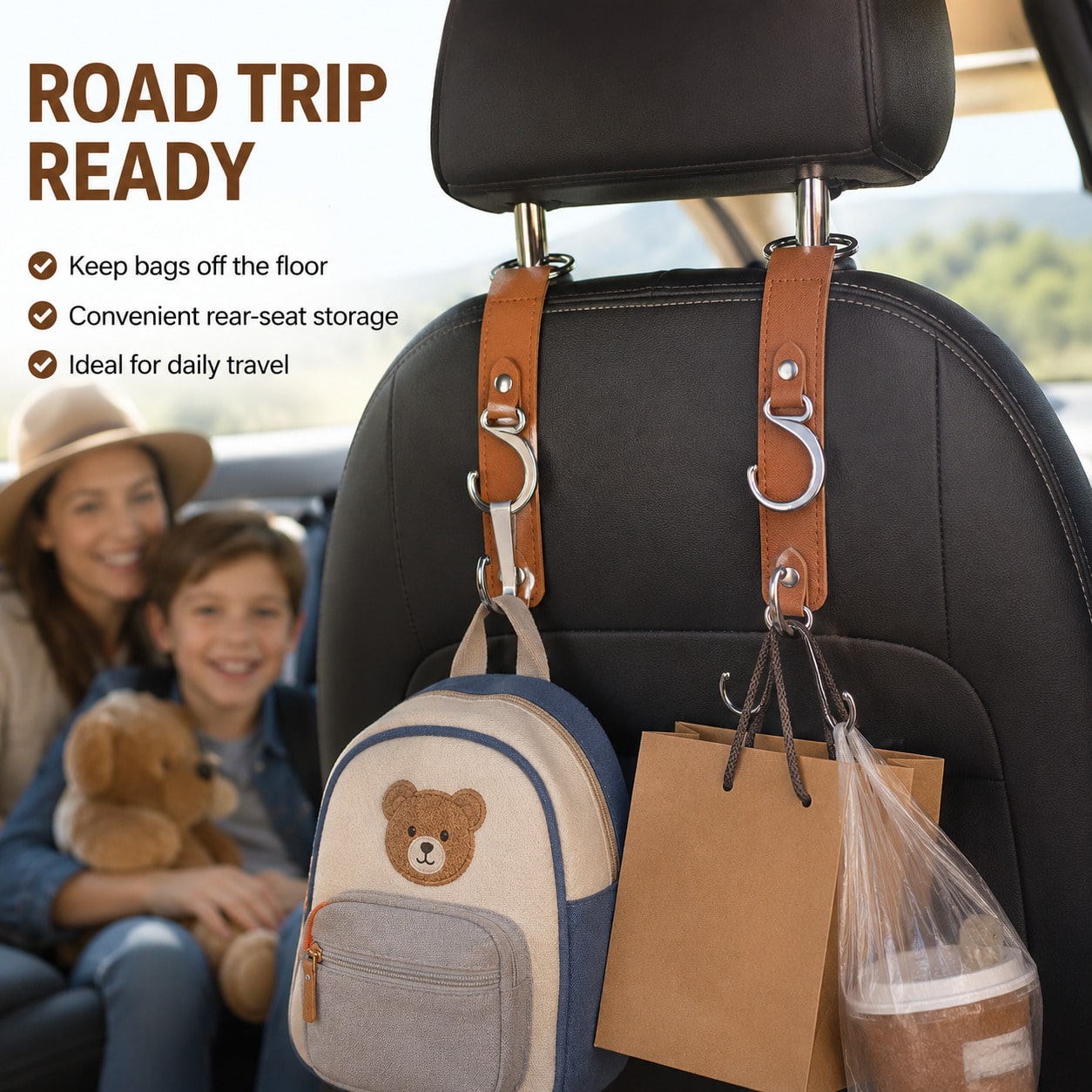 Multifunctional PU Leather Car Headrest Hook, Heavy Duty Back Seat Storage Hook, Universal In-Stock Car Interior Accessory