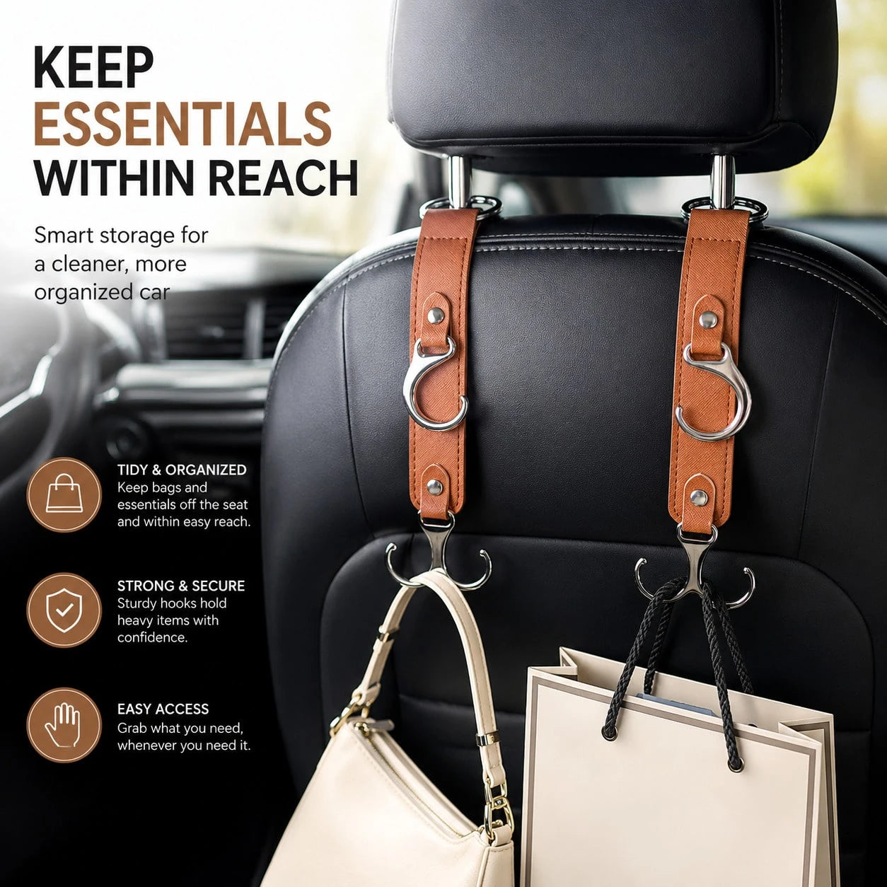 Multifunctional PU Leather Car Headrest Hook, Heavy Duty Back Seat Storage Hook, Universal In-Stock Car Interior Accessory
