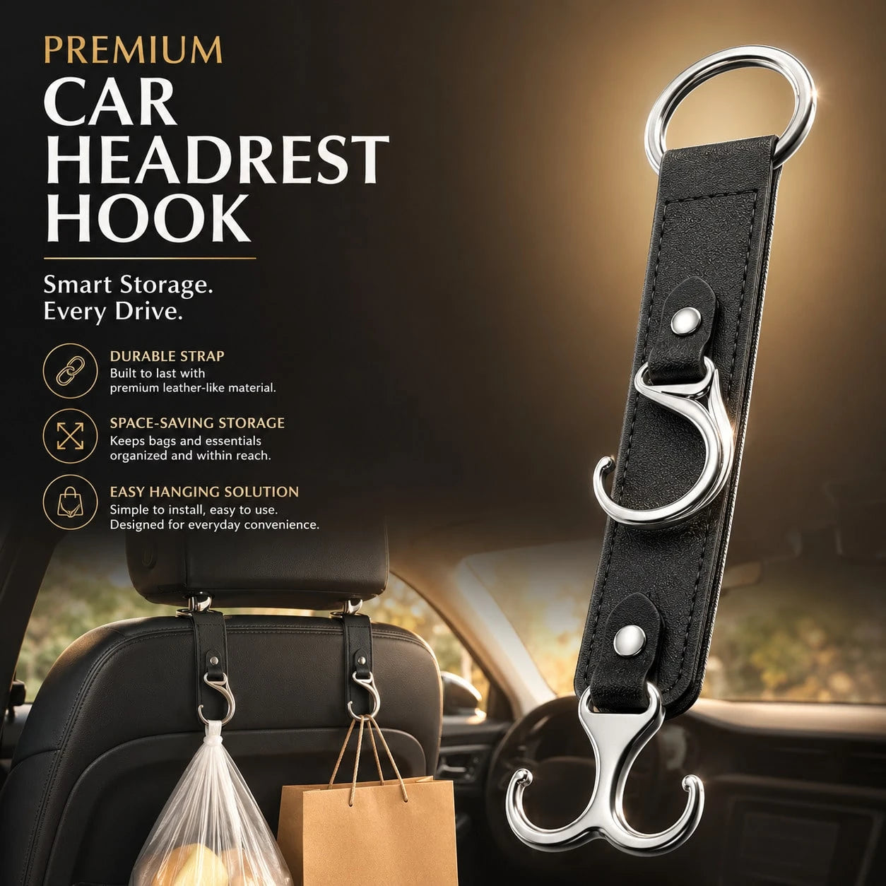 Multifunctional PU Leather Car Headrest Hook, Heavy Duty Back Seat Storage Hook, Universal In-Stock Car Interior Accessory