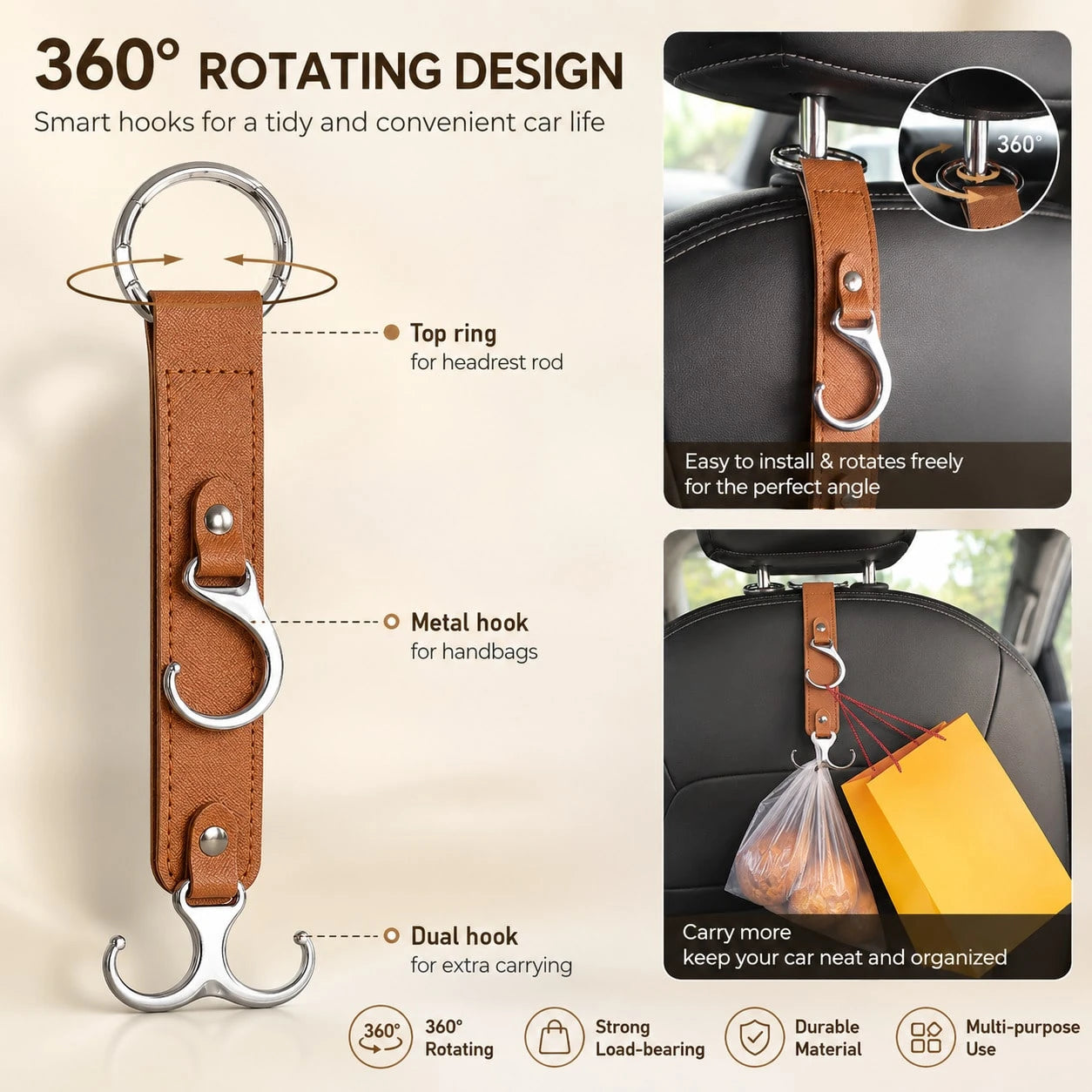 Multifunctional PU Leather Car Headrest Hook, Heavy Duty Back Seat Storage Hook, Universal In-Stock Car Interior Accessory