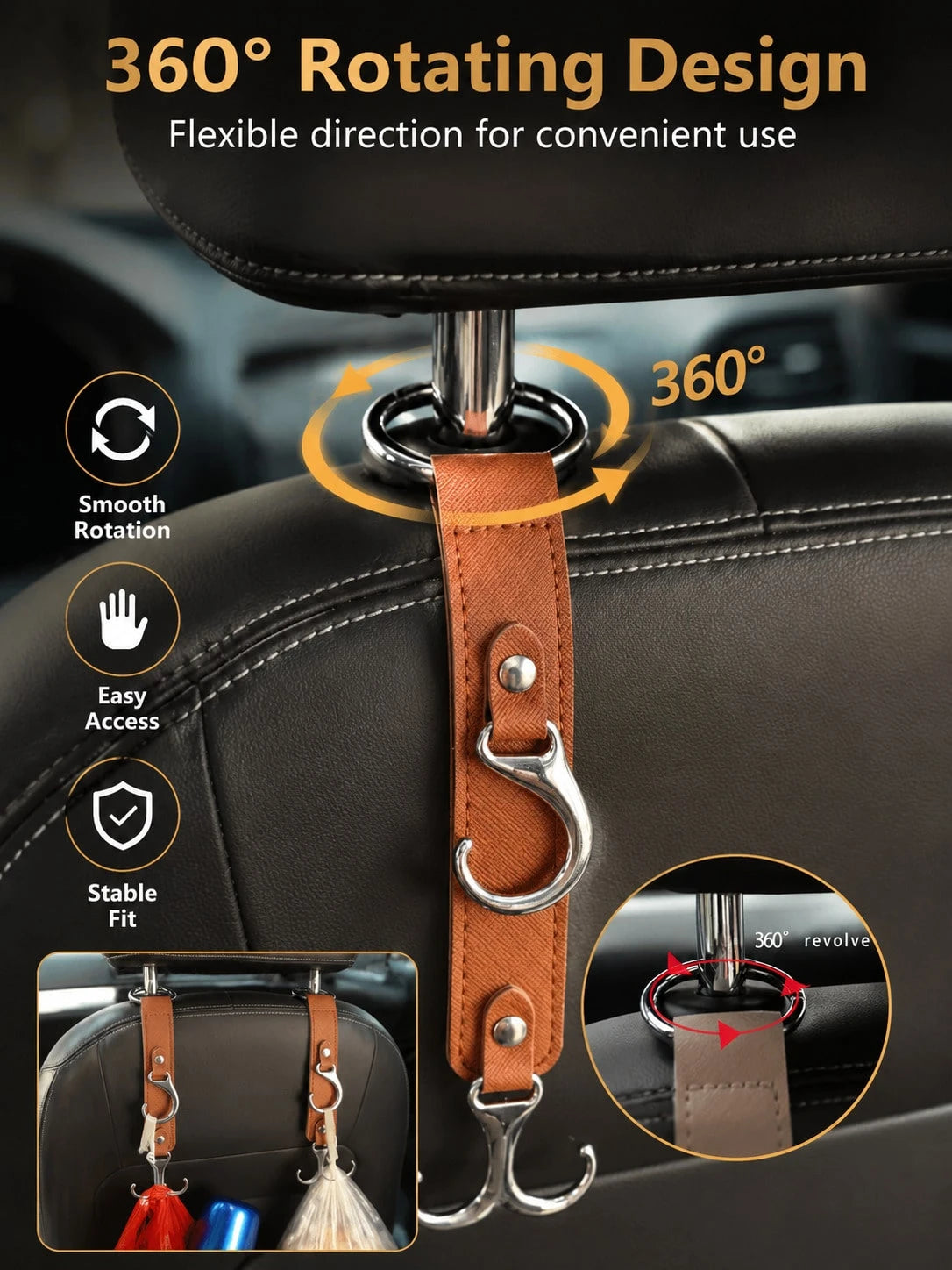 Multifunctional PU Leather Car Headrest Hook, Heavy Duty Back Seat Storage Hook, Universal In-Stock Car Interior Accessory