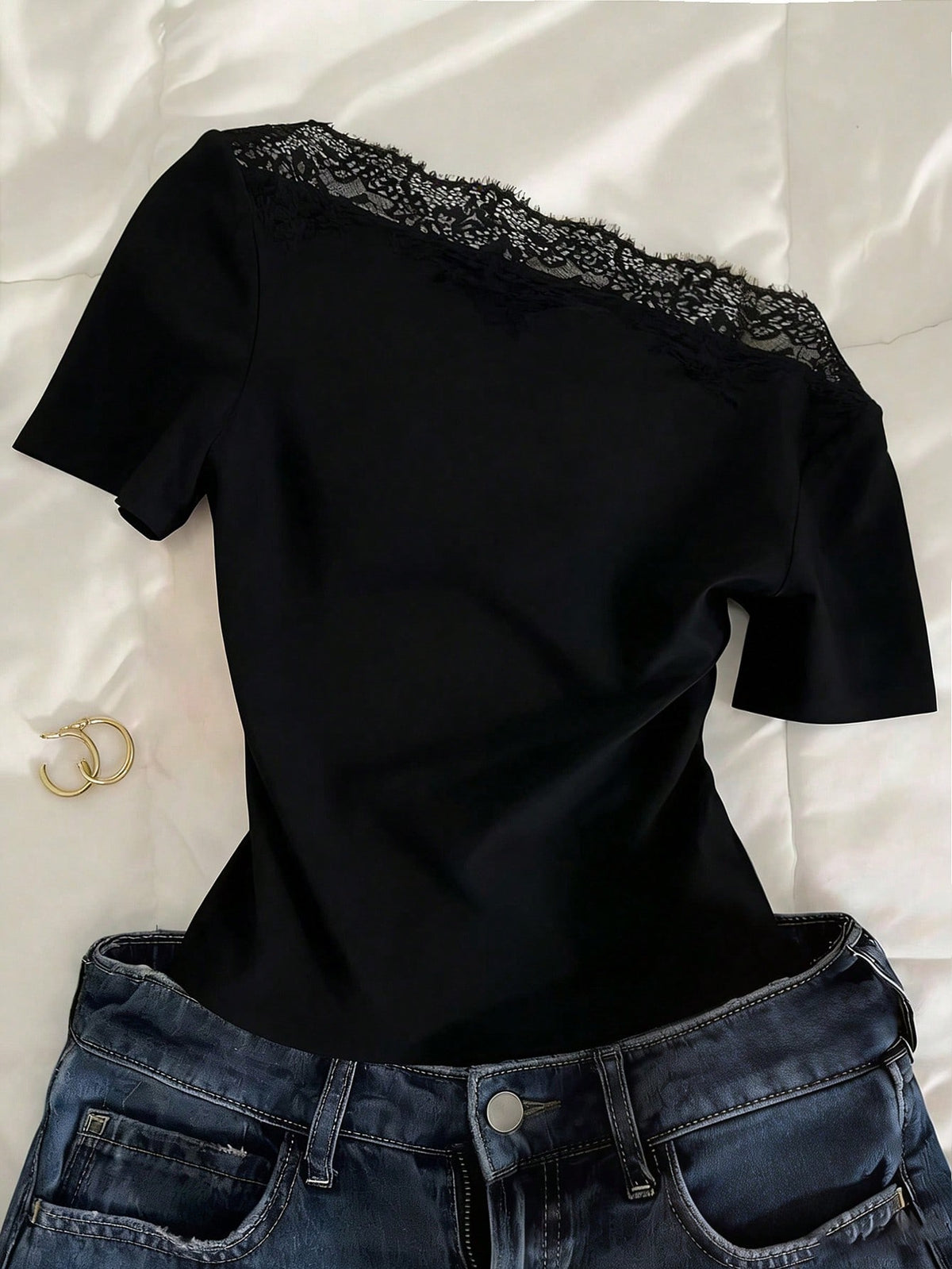 Mulvari French Lace Patchwork Asymmetric Neck Short Sleeve Black Summer Elegant Everyday Cropped Women T-Shirt Blouse,Classy Western Chic Lace Trim Top