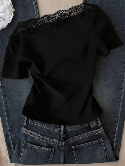 Mulvari French Lace Patchwork Asymmetric Neck Short Sleeve Black Summer Elegant Everyday Cropped Women T-Shirt Blouse,Classy Western Chic Lace Trim Top