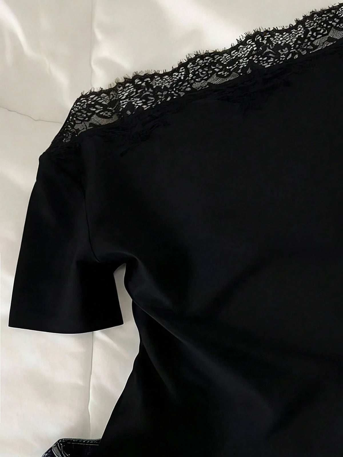 Mulvari French Lace Patchwork Asymmetric Neck Short Sleeve Black Summer Elegant Everyday Cropped Women T-Shirt Blouse,Classy Western Chic Lace Trim Top