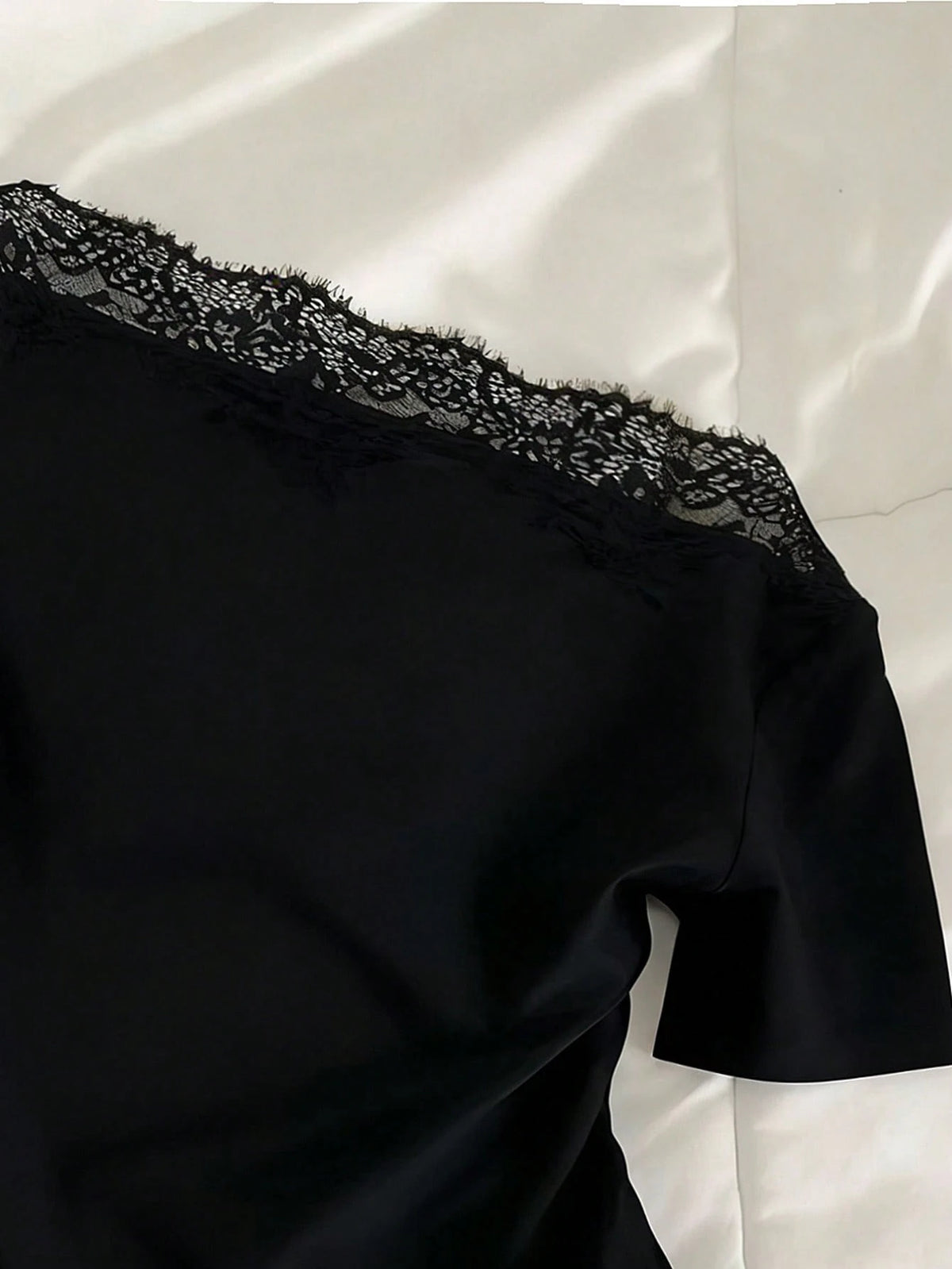 Mulvari French Lace Patchwork Asymmetric Neck Short Sleeve Black Summer Elegant Everyday Cropped Women T-Shirt Blouse,Classy Western Chic Lace Trim Top