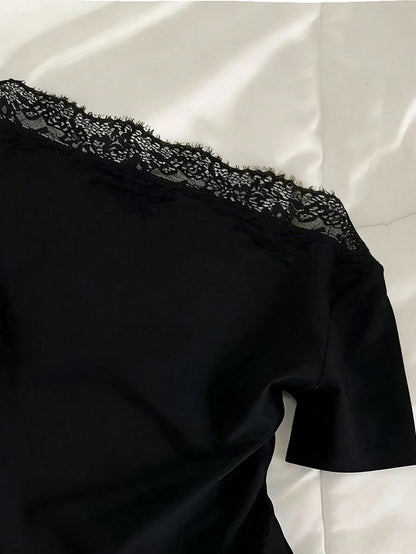 Mulvari French Lace Patchwork Asymmetric Neck Short Sleeve Black Summer Elegant Everyday Cropped Women T-Shirt Blouse,Classy Western Chic Lace Trim Top