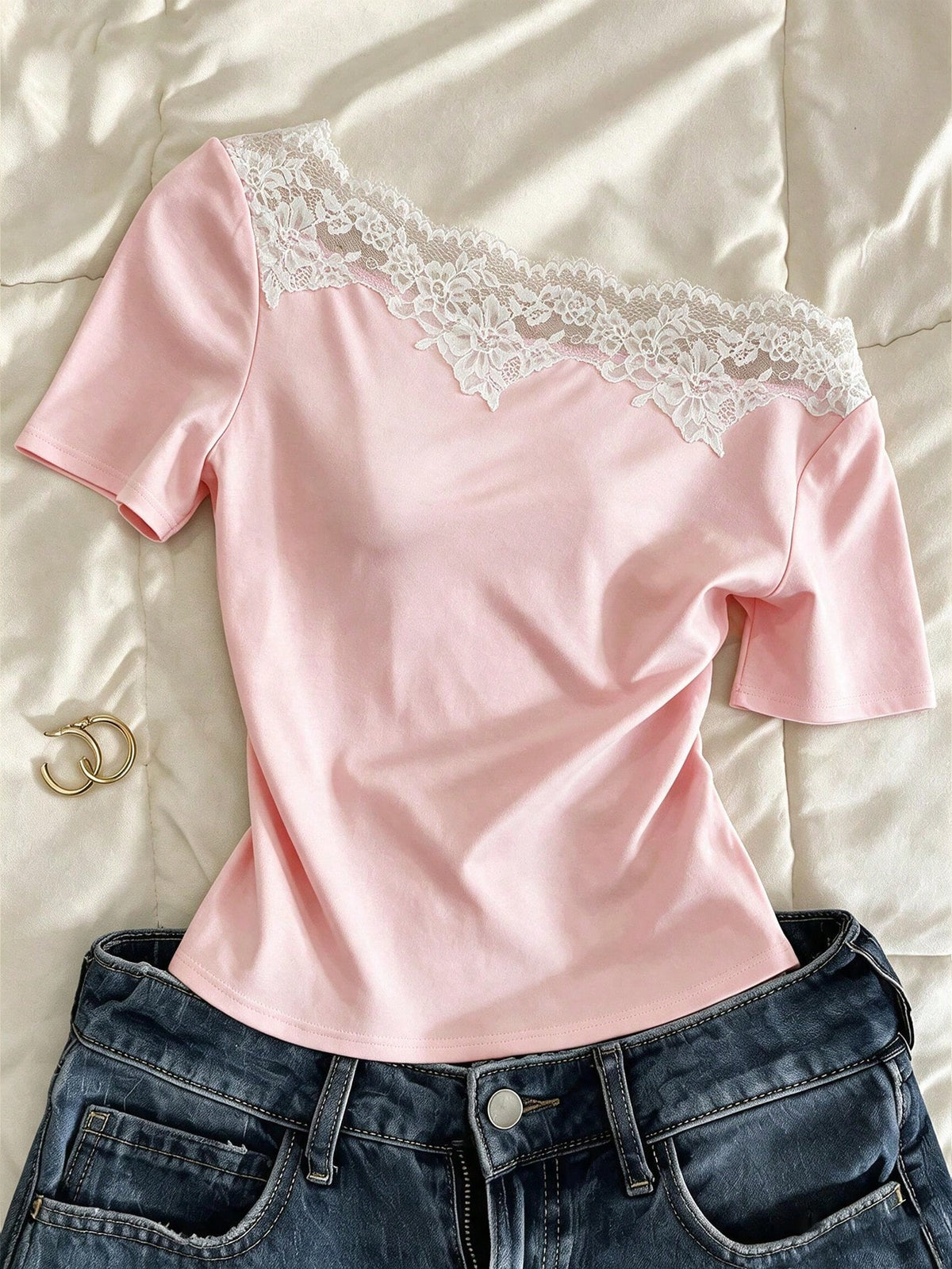 Mulvari French Lace Patchwork Asymmetric Neck Short Sleeve Black Summer Elegant Everyday Cropped Women T-Shirt Blouse,Classy Western Chic Lace Trim Top
