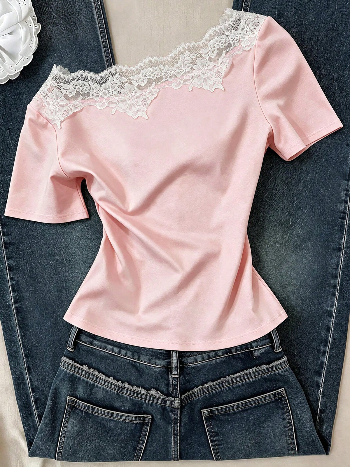 Mulvari French Lace Patchwork Asymmetric Neck Short Sleeve Black Summer Elegant Everyday Cropped Women T-Shirt Blouse,Classy Western Chic Lace Trim Top