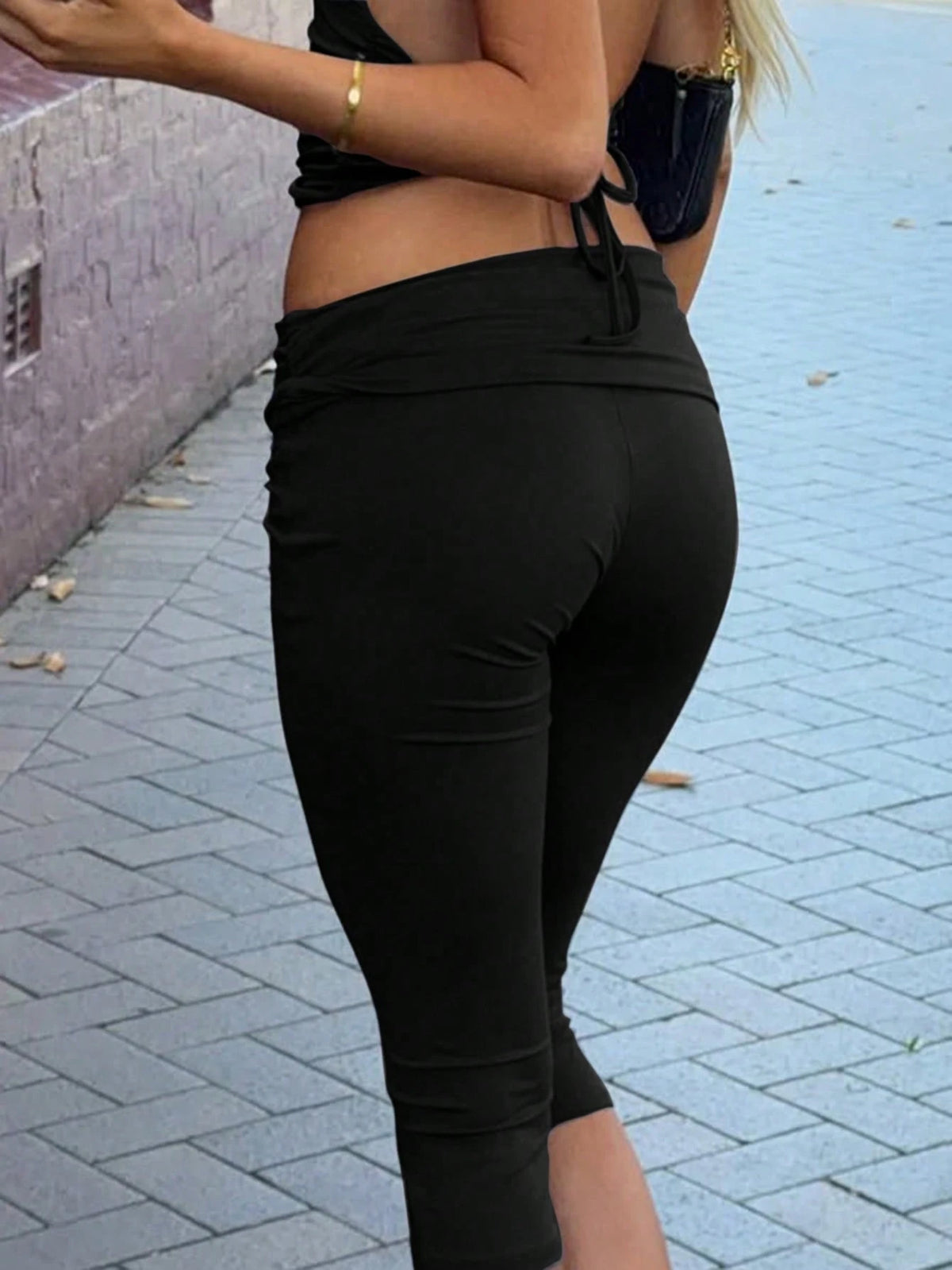 Muse Moon Women's Summer Slim Fit Cropped Sports Pants, Foldable Waist Design, Suitable For Street Style, Commuting, Fitness, Sports Black