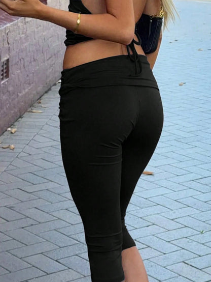 Muse Moon Women's Summer Slim Fit Cropped Sports Pants, Foldable Waist Design, Suitable For Street Style, Commuting, Fitness, Sports Black
