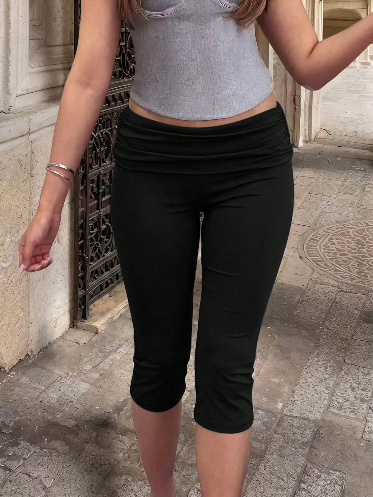 Muse Moon Women's Summer Slim Fit Cropped Sports Pants, Foldable Waist Design, Suitable For Street Style, Commuting, Fitness, Sports Black