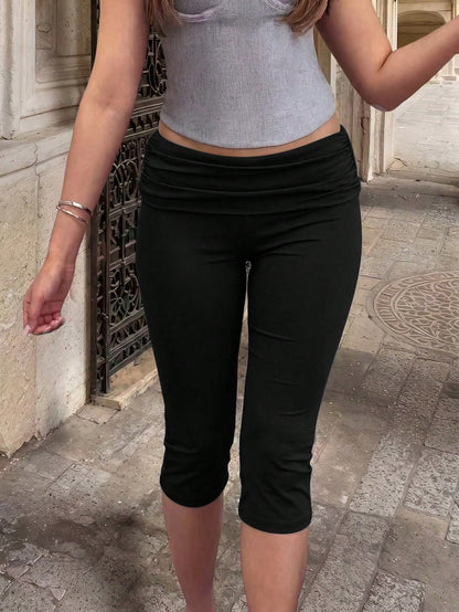 Muse Moon Women's Summer Slim Fit Cropped Sports Pants, Foldable Waist Design, Suitable For Street Style, Commuting, Fitness, Sports Black