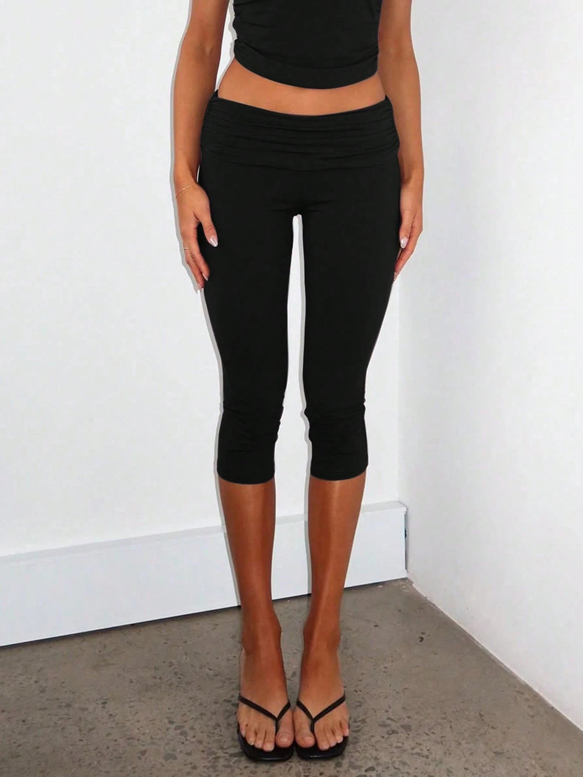 Muse Moon Women's Summer Slim Fit Cropped Sports Pants, Foldable Waist Design, Suitable For Street Style, Commuting, Fitness, Sports Black
