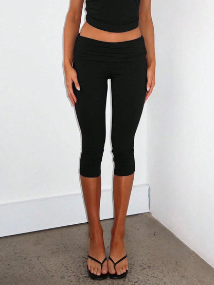 Muse Moon Women's Summer Slim Fit Cropped Sports Pants, Foldable Waist Design, Suitable For Street Style, Commuting, Fitness, Sports Black