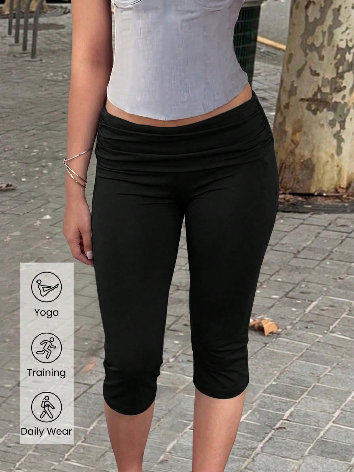 Muse Moon Women's Summer Slim Fit Cropped Sports Pants, Foldable Waist Design, Suitable For Street Style, Commuting, Fitness, Sports Black