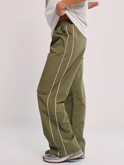 MUSERA Elasticated Waist Contrast Piping Flare Leg Trousers For Airport Casual Summer Cute 90's Y2k Back To School Holiday Spring Vacation