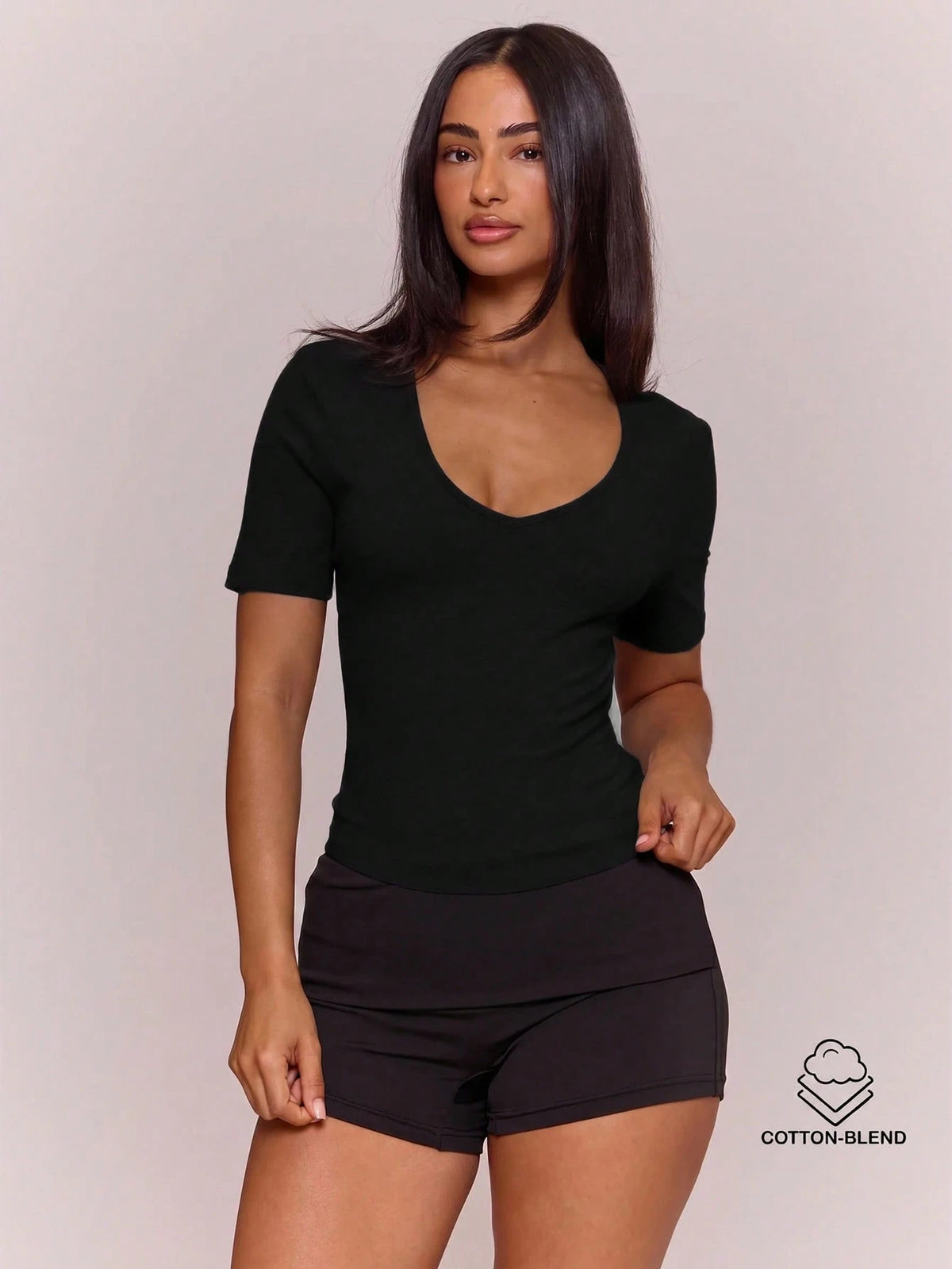 MUSERA ESSENTIALS Cotton Blended V Neck Fitted Short Sleeve T Shirt Top Cute Simple Everyday Daily Elegant Basics Spring Summer Holiday Essential