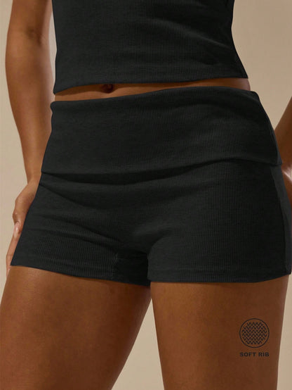 MUSERA ESSENTIALS Rib Fold Over Waist Mini Shorts Basic Spring Summer Vacation Holiday Pants Y2K Casual