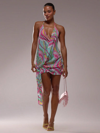 MUSERA Halterneck Plunge Floral Print Drape Loose Fit Mini Dress Summer Vacation Elegant Boho Ibiza Festival Wedding Guest Beach Holiday Party