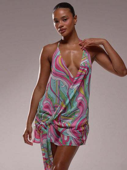 MUSERA Halterneck Plunge Floral Print Drape Loose Fit Mini Dress Summer Vacation Elegant Boho Ibiza Festival Wedding Guest Beach Holiday Party