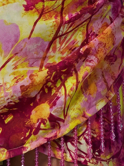 MUSERA Printed Wrap Over Ruched Beaded Hem Mini Skirt Summer Sexy Going Out Beach Holiday Ibiza Club Tropical Fever