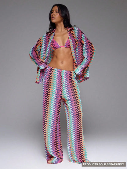 Musera Resort High Rise Tie Waist Patterned Cover Up Trousers Boho Ibiza Vacation Summer Beach Swim Swimwear Hot Skin