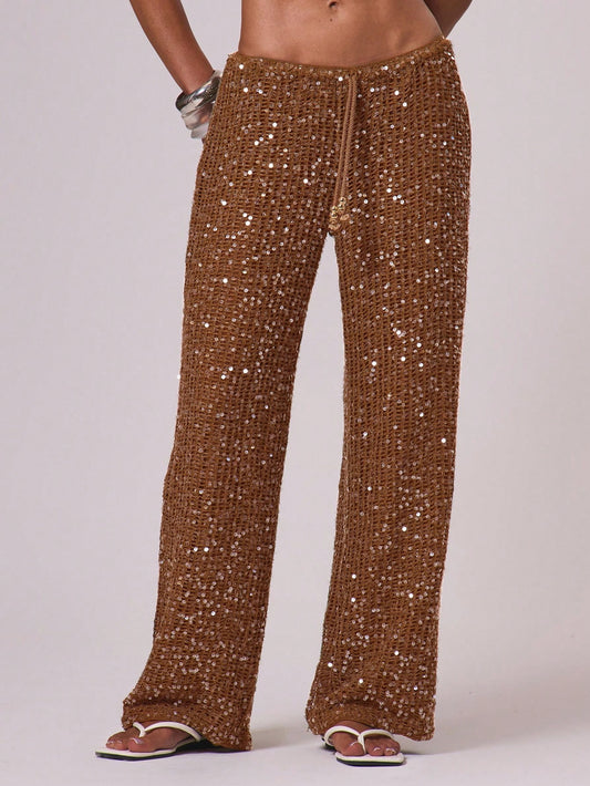 Musera Resort Women Cover Ups Ibiza Boho Vacation Holiday Beach Elegant Summer Sequin Wide Leg Crochet Trouser Spring Carvinal Beachwear Festival