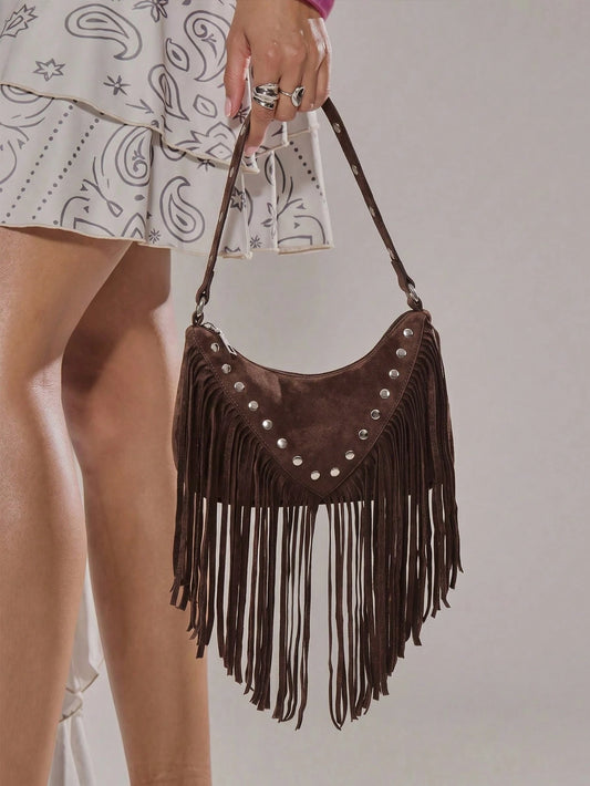 MUSERA Studded Fringed Tassle Faux Leather Handbag For Going Out Daily Spring Holiday Accessory,Rivets, Retro, Vintage, Bohemian Style, Fashionable, Personalized, Simple, Versatile, Street, For Daily