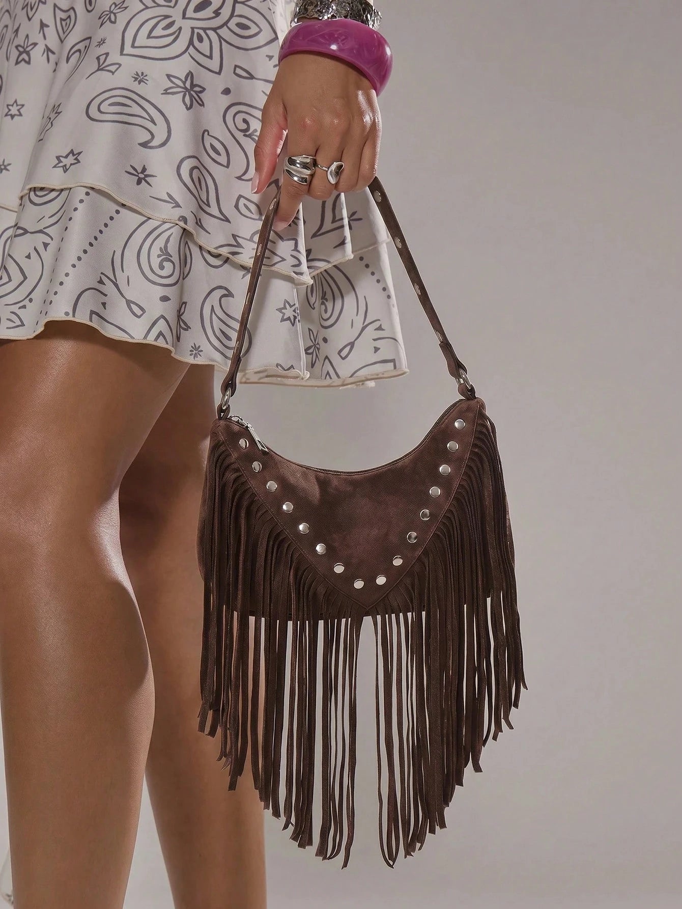 MUSERA Studded Fringed Tassle Faux Leather Handbag For Going Out Daily Spring Holiday Accessory,Rivets, Retro, Vintage, Bohemian Style, Fashionable, Personalized, Simple, Versatile, Street, For Daily