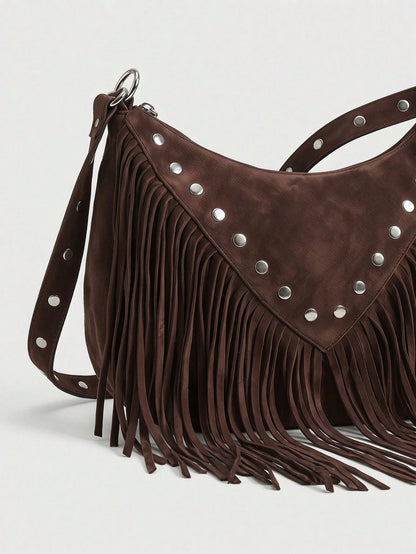 MUSERA Studded Fringed Tassle Faux Leather Handbag For Going Out Daily Spring Holiday Accessory,Rivets, Retro, Vintage, Bohemian Style, Fashionable, Personalized, Simple, Versatile, Street, For Daily
