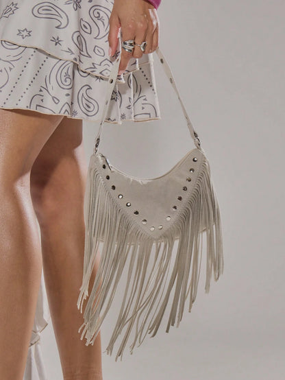 MUSERA Studded Fringed Tassle Faux Leather Handbag For Going Out Daily Spring Holiday Accessory,Rivets, Retro, Vintage, Bohemian Style, Fashionable, Personalized, Simple, Versatile, Street, For Daily