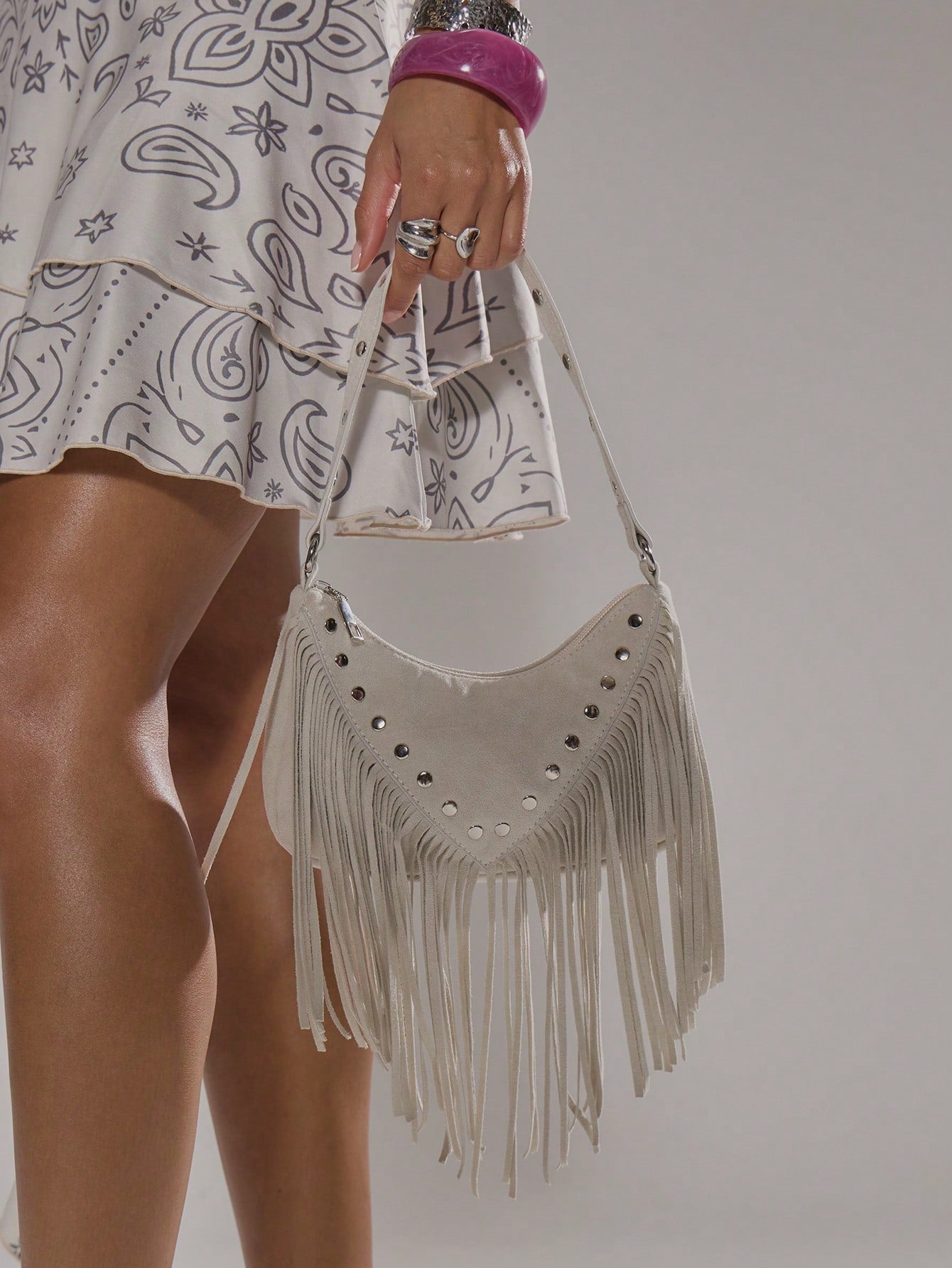 MUSERA Studded Fringed Tassle Faux Leather Handbag For Going Out Daily Spring Holiday Accessory,Rivets, Retro, Vintage, Bohemian Style, Fashionable, Personalized, Simple, Versatile, Street, For Daily