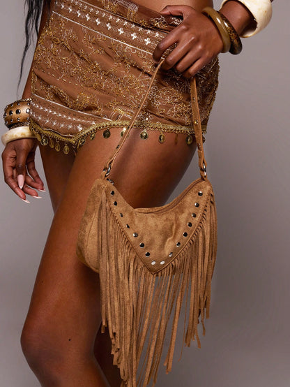 MUSERA Studded Fringed Tassle Faux Leather Handbag For Going Out Daily Spring Holiday Accessory,Rivets, Retro, Vintage, Bohemian Style, Fashionable, Personalized, Simple, Versatile, Street, For Daily
