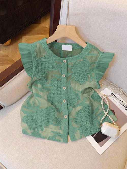 Muvela Women's Floral Jacquard Round Neck Cap Sleeve Single-Breasted Casual Shirt Summer Green Christmas Elegant