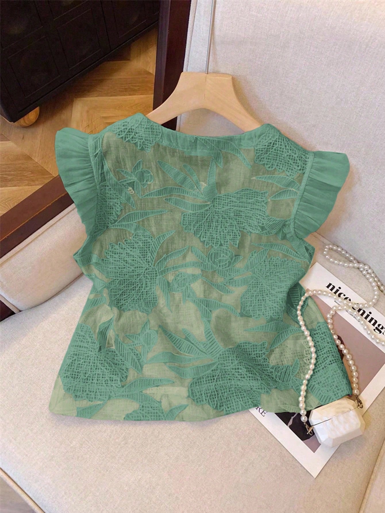 Muvela Women's Floral Jacquard Round Neck Cap Sleeve Single-Breasted Casual Shirt Summer Green Christmas Elegant