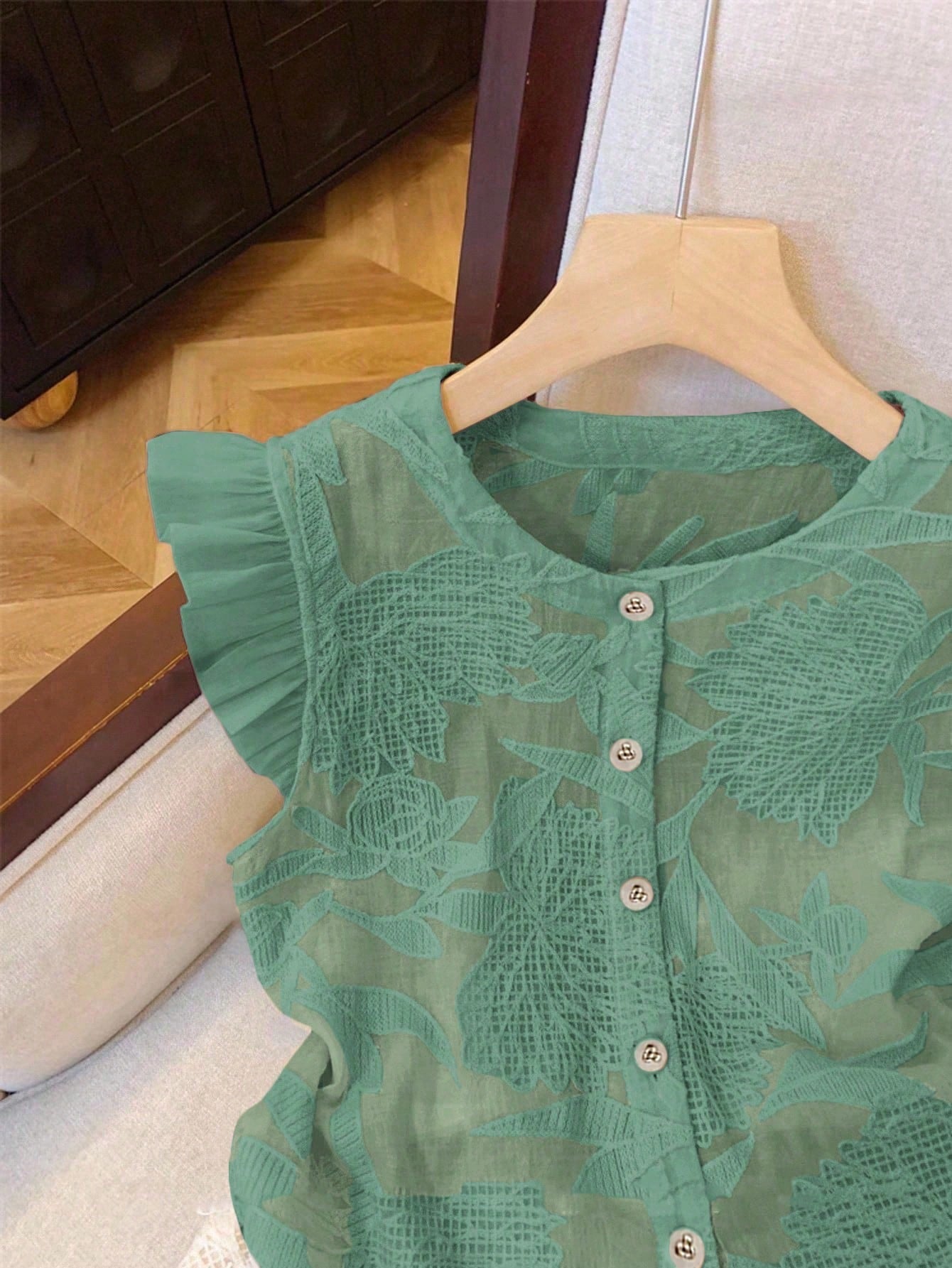 Muvela Women's Floral Jacquard Round Neck Cap Sleeve Single-Breasted Casual Shirt Summer Green Christmas Elegant