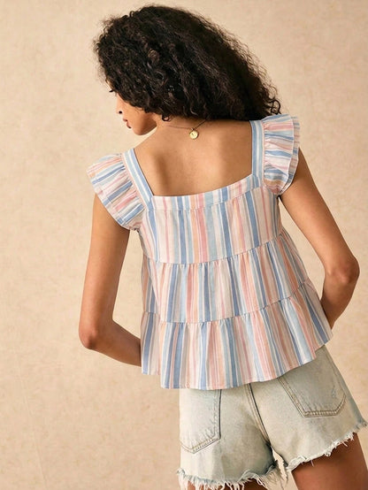 Muvela Women's Flutter Sleeve Casual Minimalist Vacation Bohemian Elegant Romantic Vintage Print Pattern Blouse, Commuter, Music Festival, Beach, Vacation, Summer