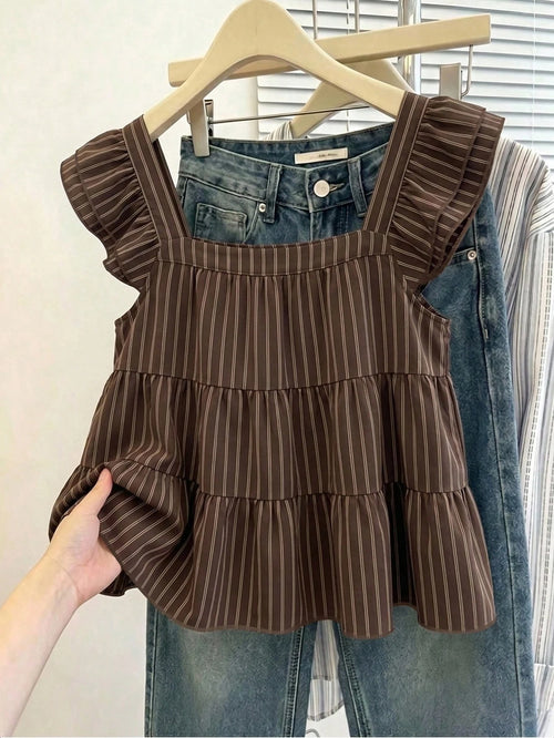 Muvela Women's Striped Pleated Casual Versatile Daily Wear Shirt Elegant