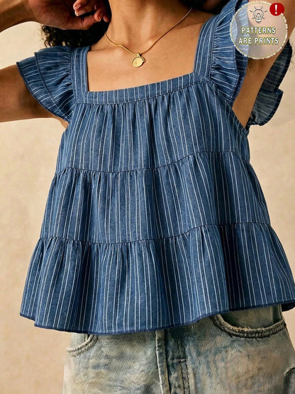 Muvela Women's Striped Pleated Casual Versatile Daily Wear Shirt Elegant